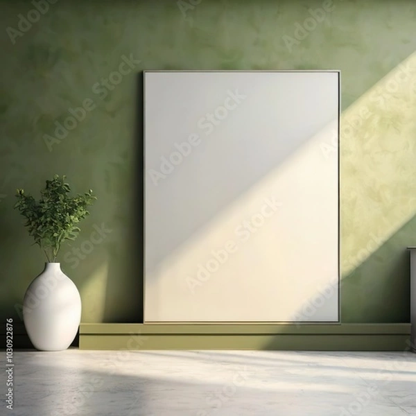 Fototapeta Minimalist frame mockup in natural settings, wooden textures, soft lighting, and simple decor. Ideal for artwork, photography, prints, modern environment with a cozy, rustic vibe