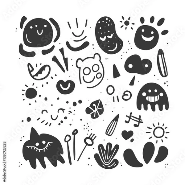 Obraz Hand Drawn Abstract Doodle Pattern with Smiling Faces and Shapes
