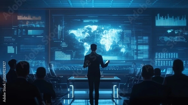Fototapeta A young entrepreneur presents a startup, displaying holographic data in front of an audience in a futuristic conference room
