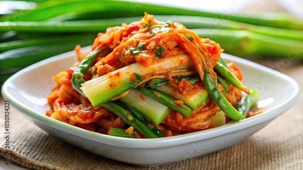 Fototapeta Low angle green onion kimchi with a crunchy texture
