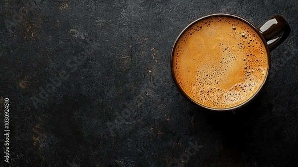 Fototapeta Cup of coffee on black background. Copy space. Top view. Flat lay. Panorama