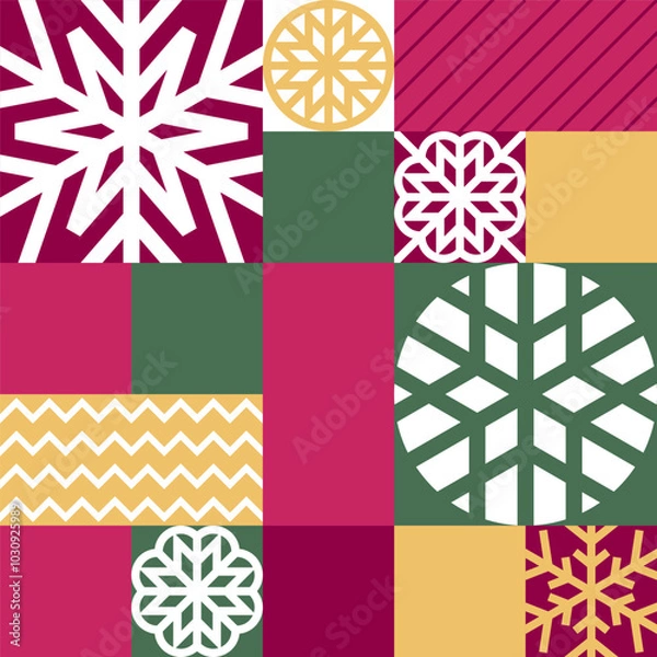 Fototapeta Geometric Christmas Snowflake Pattern in Festive Colors