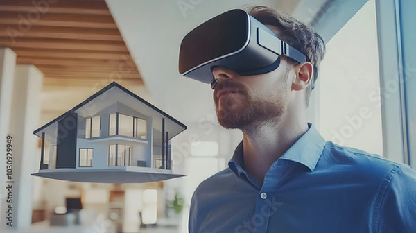 Fototapeta Professional architect using VR goggles for architectural building with hologram house in front - Futuristic technology concept - Model by AI generative