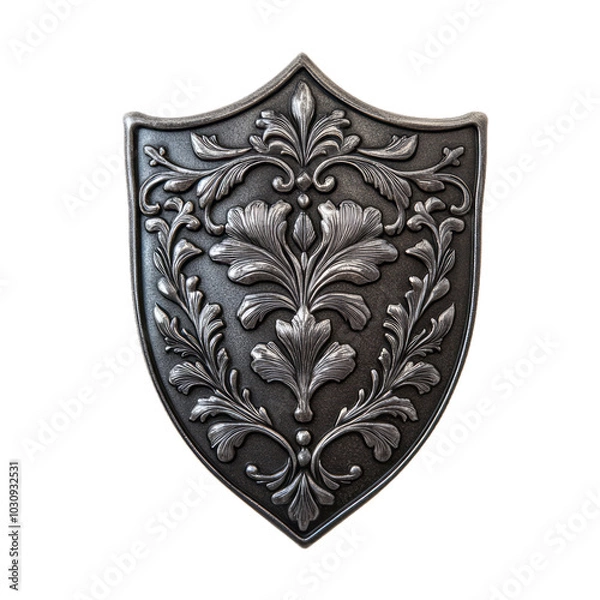 Fototapeta Elegant shield style metal badge with intricate designs etched along the surface and shiny finish isolated on transparent background 