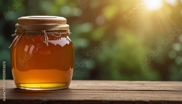 Fototapeta Honey Jar on Rustic Wooden Table in Nature