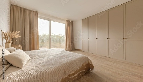 Fototapeta Earthy nomadic bedroom interior, 3d render
