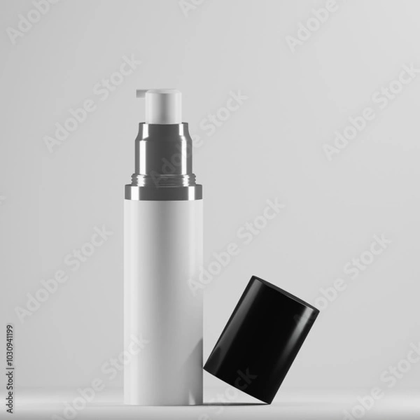 Fototapeta A sleek airless pump bottle with a white body and silver pump stands against a clean white background. The black cap is positioned slightly off-center, adding a touch of asymmetry to the minimalist 