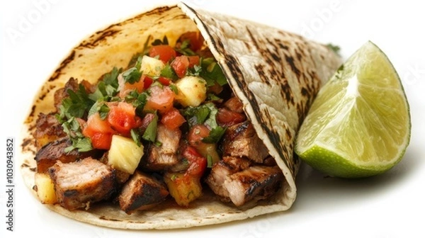 Fototapeta Delicious Mexican Taco with Grilled Meat, Pineapple, and Tomato Salsa