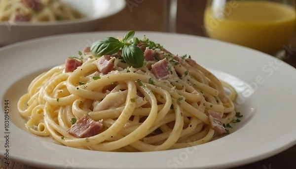 Obraz Traditional Italian pasta Carbonara, Spaghetti with bacon, egg and parmesan cheese