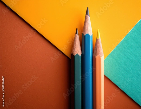Fototapeta Three Colored Pencils Contrast Sharply With A Vibrant Geometric Background Divided Into Various Colors Of Warm And Contrasting Tones. Concepts Of Creativity, Art, Education, Stationery, Graphic Design