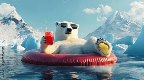 Obraz A Relaxed Polar Bear Lounging on a Floatie in Arctic Water