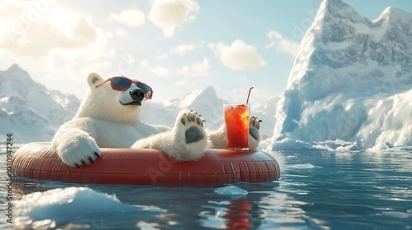 Obraz A Relaxed Polar Bear Lounging on a Floatie in Arctic Water