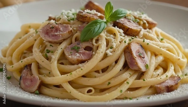 Obraz Traditional Italian pasta Carbonara, Spaghetti with bacon, egg and parmesan cheese