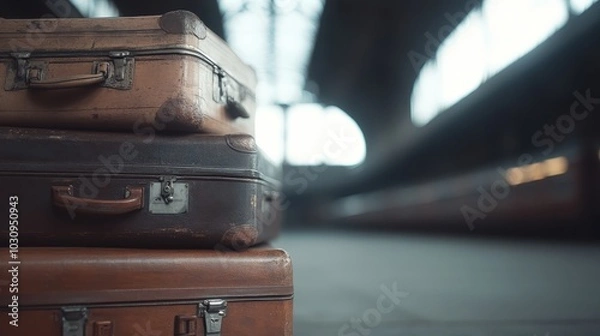 Fototapeta A close-up view of stacked, worn suitcases on a station platform, capturing the essence of timeless travel, nostalgia, and the charm of bygone days.