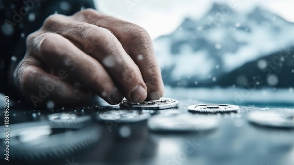 Obraz A hand places a mechanical gear on a workbench, set against the backdrop of snowy mountains, symbolizing precision, engineering, and nature's grandeur together.