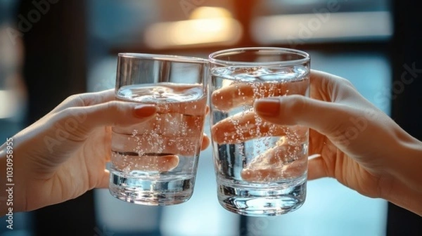 Fototapeta Hands clinking water glasses at office party, health concept with soft light background