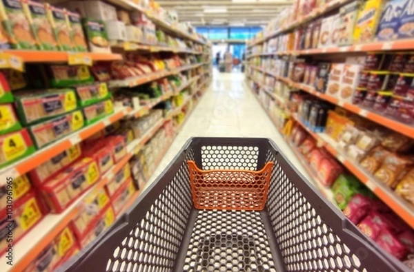 Fototapeta Photo of an empty shopping in an aisle at a supermarket. Conceptual image.