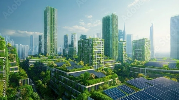 Obraz A green cityscape with solar panels integrated into skyscrapers, showcasing the harmony between urban development and renewable energy