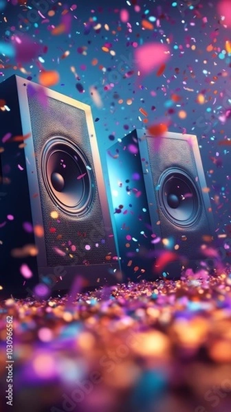 Obraz Two black speakers surrounded by a burst of colorful confetti.