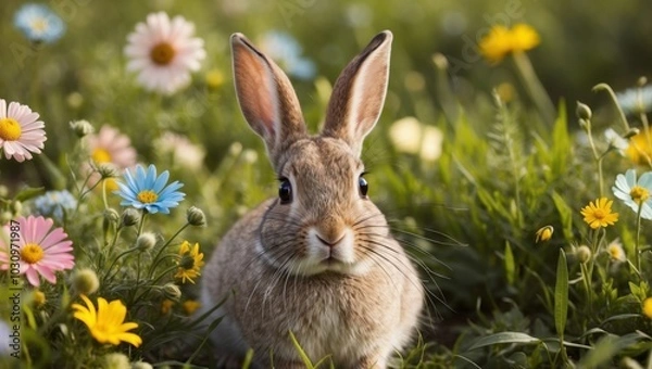 Fototapeta Enchanting Rabbit Amid Lush Meadow with Wildflowers in Soft Sunlight.