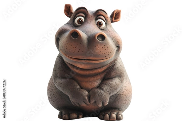 Fototapeta Cute cartoon hippopotamus with a friendly expression, sitting isolated on a white background.