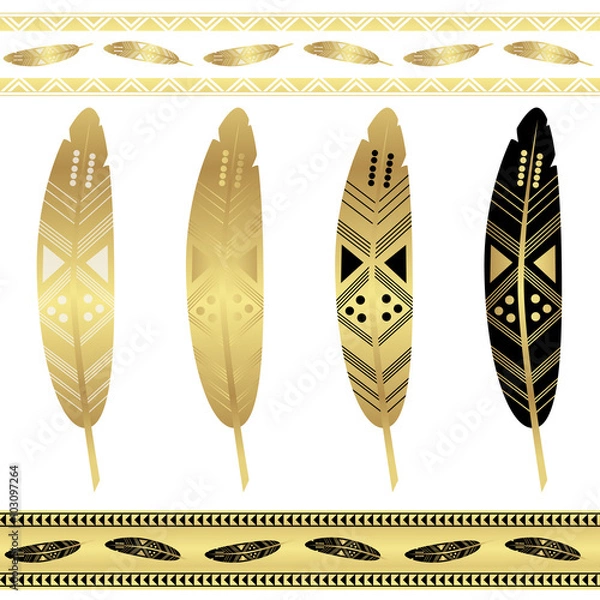 Fototapeta Set of gold tribal feathers. Flash tattoo ethnic seamless patterns.