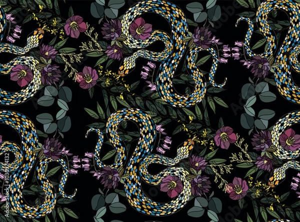 Obraz Seamless pattern of colorful snakes intertwined with blooming flowers on a dark background, creating a vibrant and detailed visual