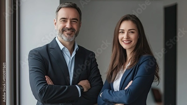 Obraz Photo of smiling businesswoman and business leader standing looking at camera while working.