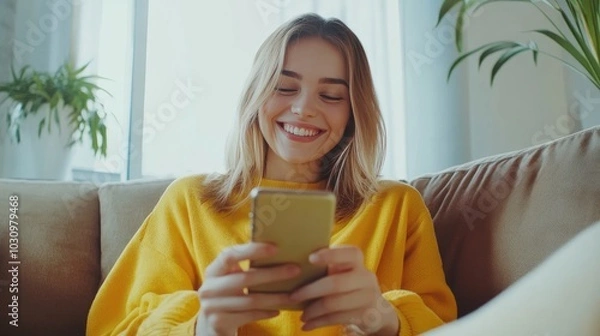 Obraz Photo of happy and relaxed young woman sitting on a sofa. The young woman smiles and laughs while holding a smartphone and enjoying online shopping via a mobile app.