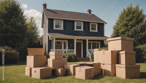 Fototapeta A cozy rural home with neatly stacked moving boxes outside, surrounded by open land, representing the process of real estate downsizing and simplifying one’s lifestyle