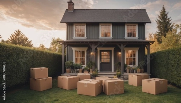 Fototapeta A cozy rural home with neatly stacked moving boxes outside, surrounded by open land, representing the process of real estate downsizing and simplifying one’s lifestyle