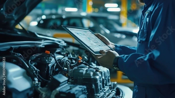 Fototapeta Auto mechanic uses laptop while conducting diagnostics test. Modern car service. Computer diagnostics of the car. High quality photo