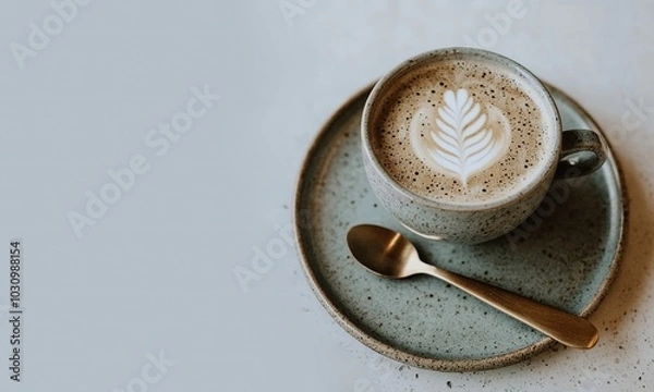 Fototapeta Top-Down View of Coffee with Latte Art and Spoon on Plate