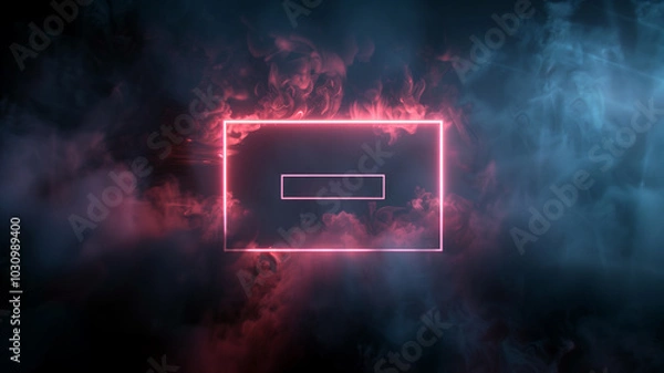 Fototapeta Futuristic neon rectangle with glowing edges on dark smoky background, perfect for tech and modern branding