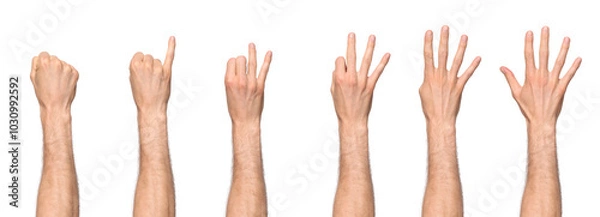 Fototapeta Man's hand counting from zero to five, starting with the pinky finger, with the back of the hand facing us. Isolated on a transparent background, PNG file