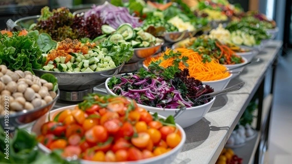 Fototapeta A rainbow of chopped vegetables, including bell peppers, carrots, and zucchini, neatly arranged on a white table. Fresh and healthy