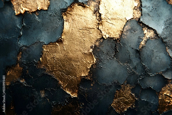 Obraz A textured surface featuring a blend of dark tones and shimmering gold leaf, showcasing an artistic and modern aesthetic.