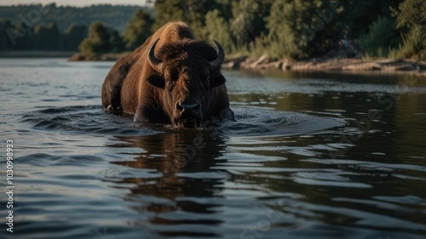 Fototapeta A large brown bison wading through a calm river with water up to its belly, looking at the camera.