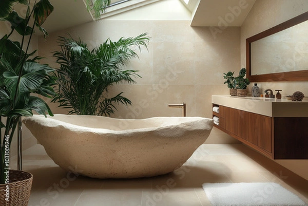 Obraz A biophilic bathroom featuring a freestanding stone bathtub, natural stone tiles, and large indoor plants. A skylight floods the space with light, creating a peaceful, spa-like atmosphere.