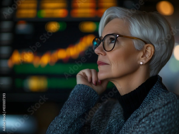 Obraz Senior Female Trader or Broker Engaged in Stock Market Analysis with a Thoughtful Expression. Business and Trading Concept. Image Generated by AI.