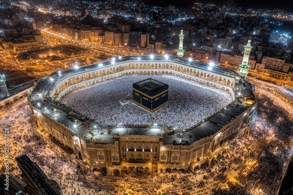 Fototapeta Aerial view of the illuminated Kaaba surrounded by worshippers at night