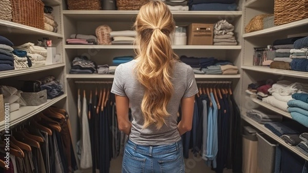 Fototapeta Woman organizing her closet, symbolizing the ongoing need to declutter and maintain an organized home