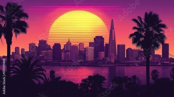 Fototapeta Stylized city skyline at sunset with a large, vibrant sun and palm trees in the foreground, featuring a retro, neon color palette