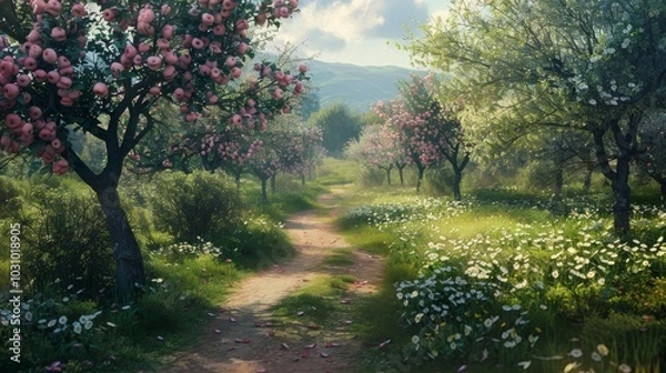 Fototapeta Blossoming Beauty A Tranquil Pathway Through a Vibrant Apple Orchard Embrace the Renewal of Spring in this Serene Stock Image