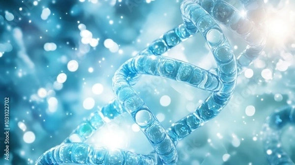 Fototapeta Transparent 3D illustration of a DNA helix with glowing bubbles on a cool blue background
