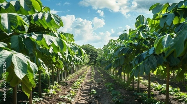 Fototapeta Tropical Bounty Vibrant Papaya Farm with Lush Rows of Fruit Trees Agriculture in Paradise