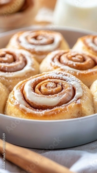 Fototapeta cinnabon Freshly baked cinnamon rolls with creamy icing displayed in a white dish on a cozy table setting with holiday decorations
