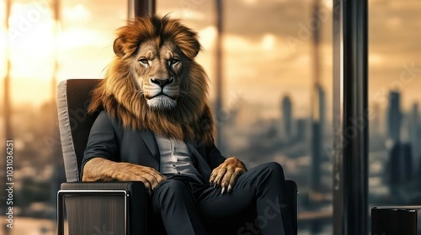 Fototapeta A lion in a suit sits in an office chair looking out a window at a city skyline.