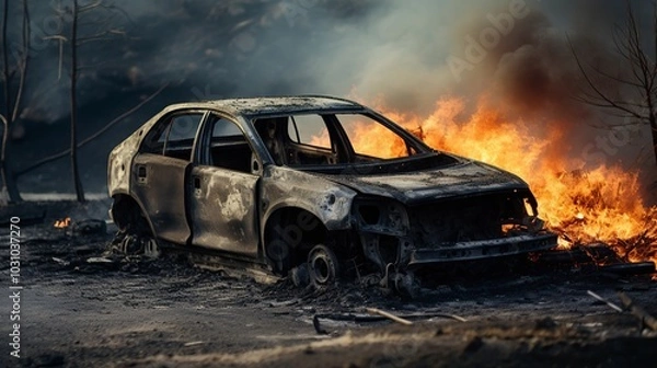 Fototapeta Car after the fire. Burnt passenger car Closeup. Burnt car frame with ash and garbage after a fire. Rusty steel and metal structures. Traffic accident and vandalism concept.