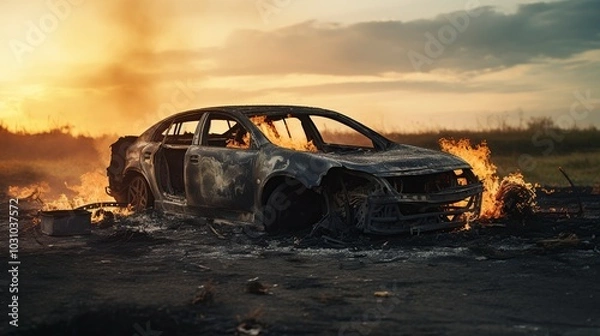 Fototapeta Car after the fire. Burnt passenger car Closeup. Burnt car frame with ash and garbage after a fire. Rusty steel and metal structures. Traffic accident and vandalism concept.